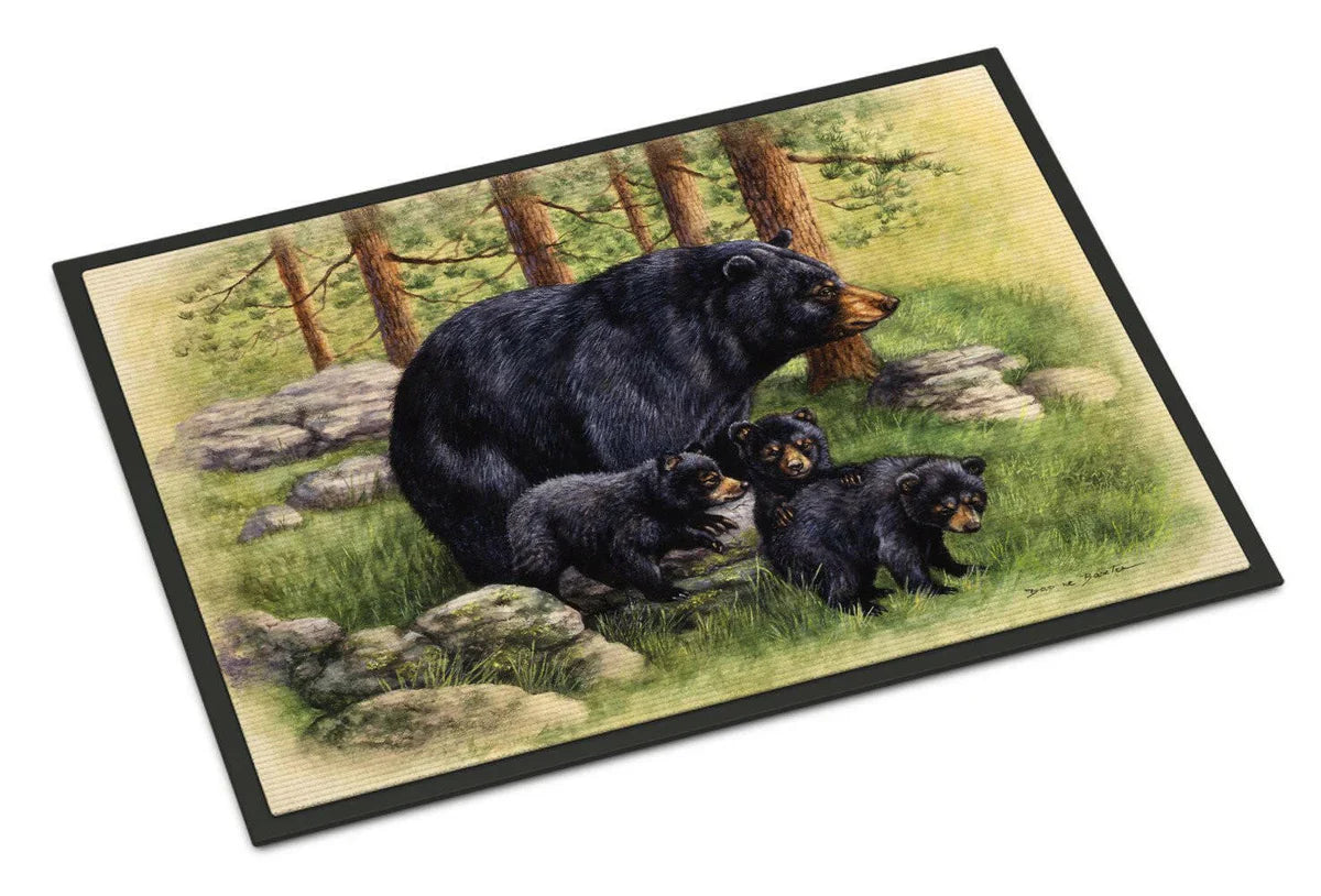 Mother bear and her cubs in a wooded setting scene on a door mat