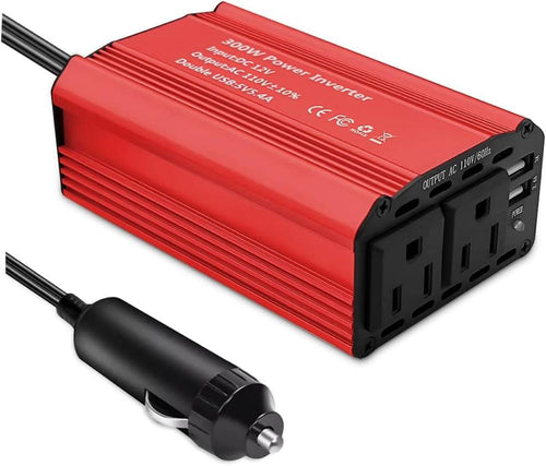 Red power inverter with multiple outlets and a cable on a white background
