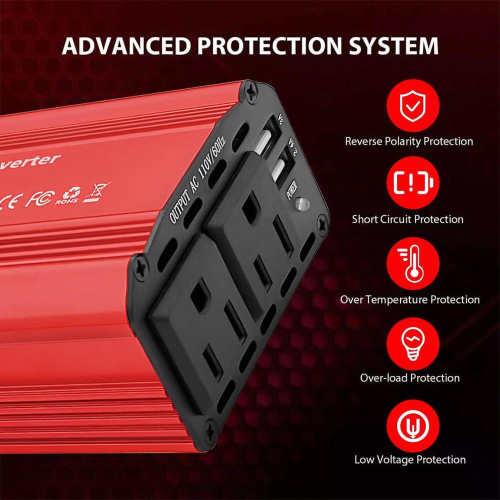 Red inverter power supply with a black multi-socket power adapter panel shown on a dark red promotional background with text and icons describing protection features.