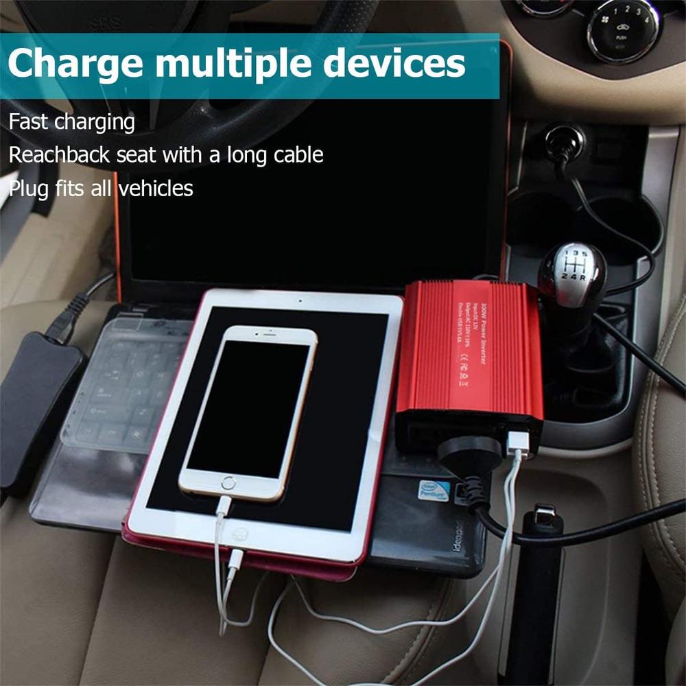 Car dashboard with devices being charged using a power adapter and cable.
