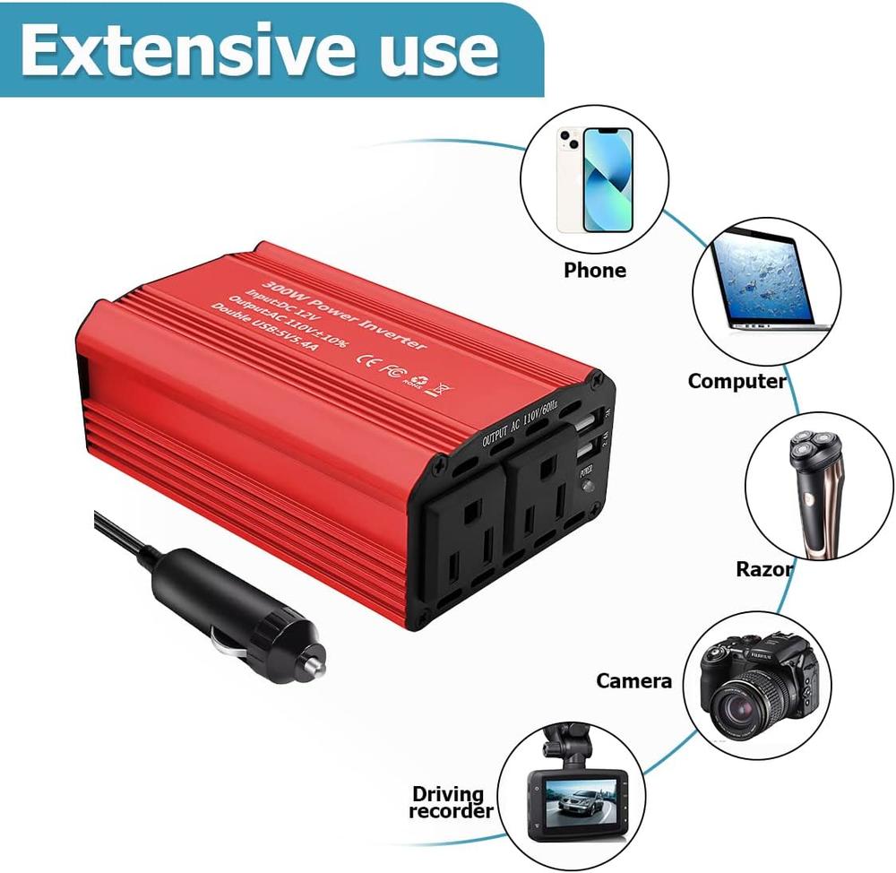 Red and black car-to-home power adapter with a cigarette lighter plug, shown on a white background with usage examples including a phone, computer, razor, camera, and driving recorder.