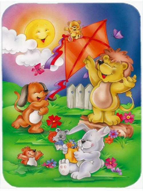 Colorful illustration of animals playing with a kite in a garden setting.
