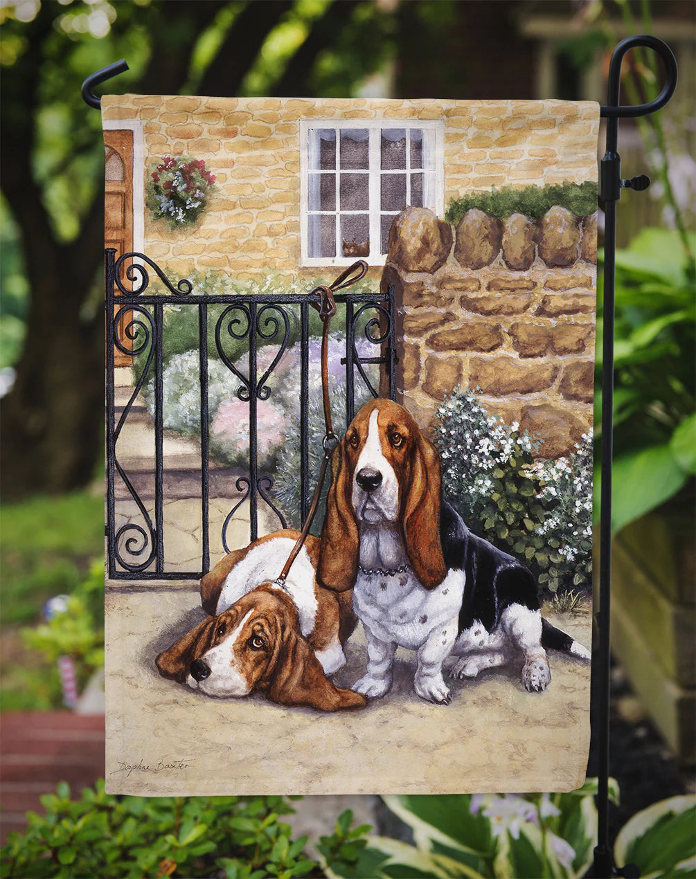 Basset Hound at The gate Garden Flag
