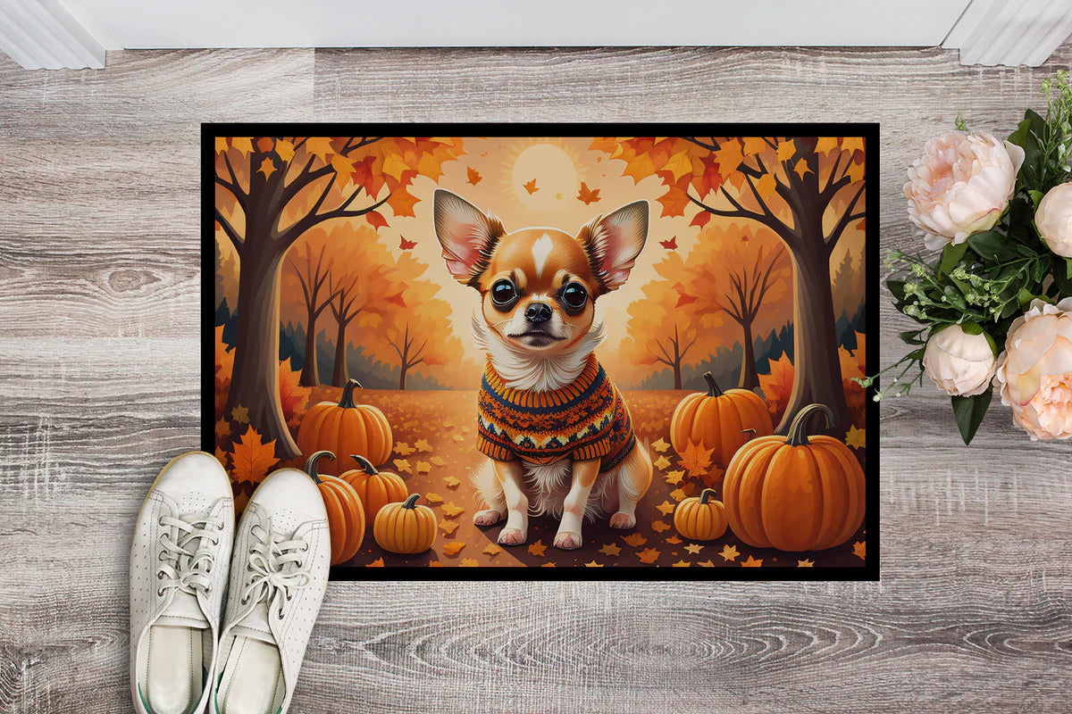 Decorative doormat with a dog and autumn scene on a wooden floor.