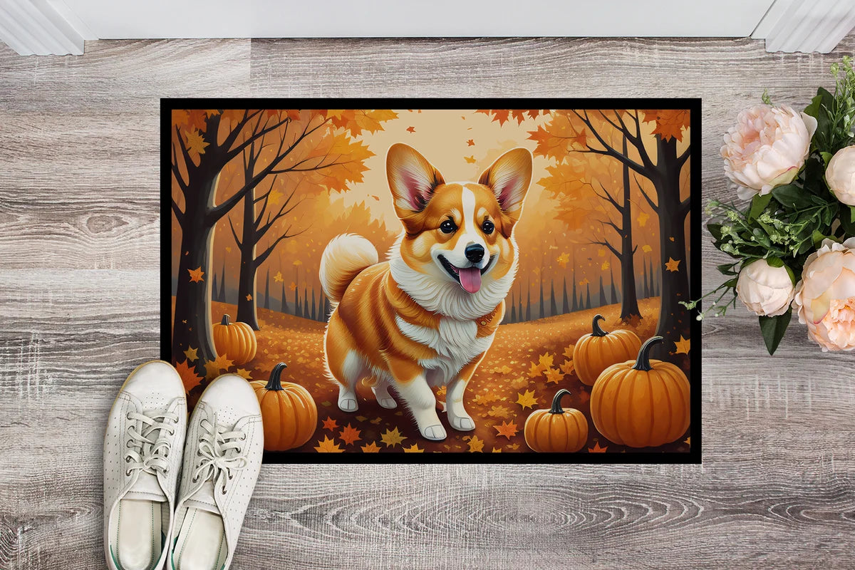Decorative mat with a corgi and autumn design on a wooden floor with shoes and flowers.