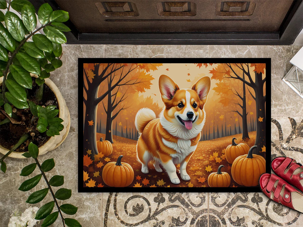 Decorative doormat with a corgi and autumn design on a floor.
