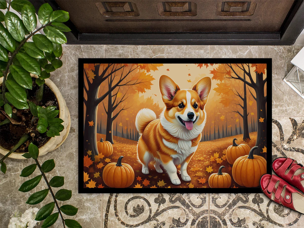 Decorative doormat with a corgi and autumn design on a floor.