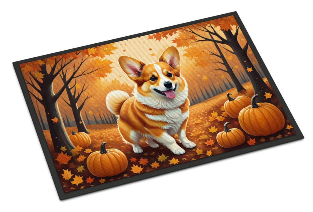 Doormat with a corgi and pumpkins design on an autumn-themed background