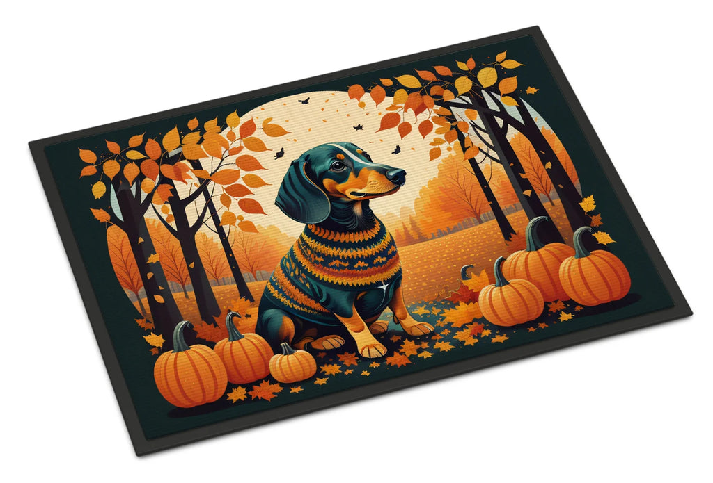 Decorative mat with a dachshund in a sweater and pumpkins in an autumn forest design.
