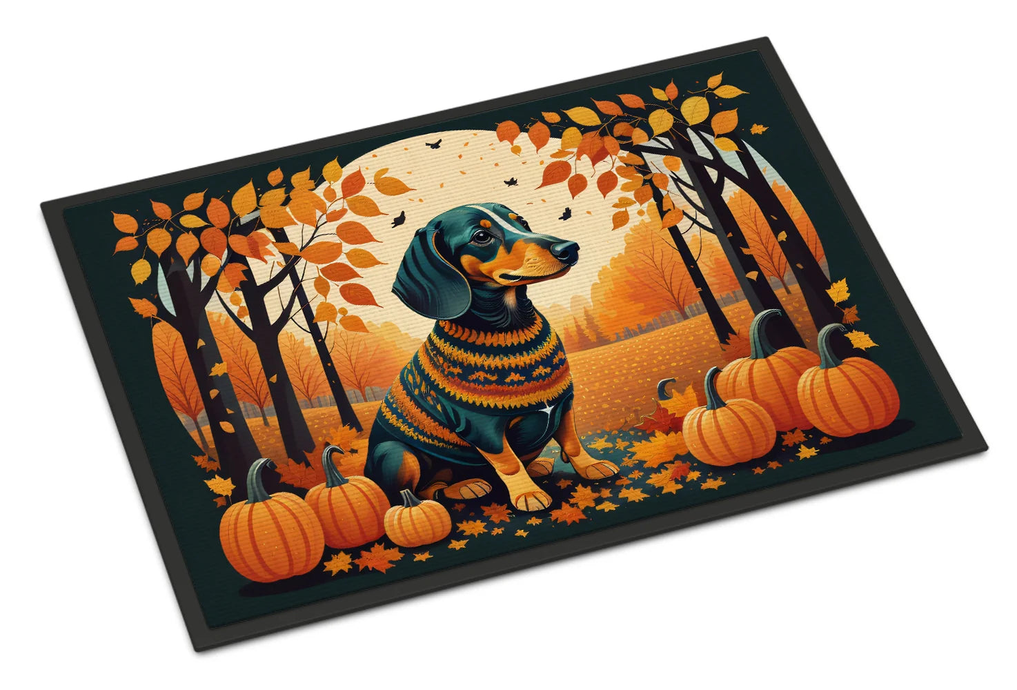 Decorative mat with a dachshund in a sweater and pumpkins in an autumn forest design.