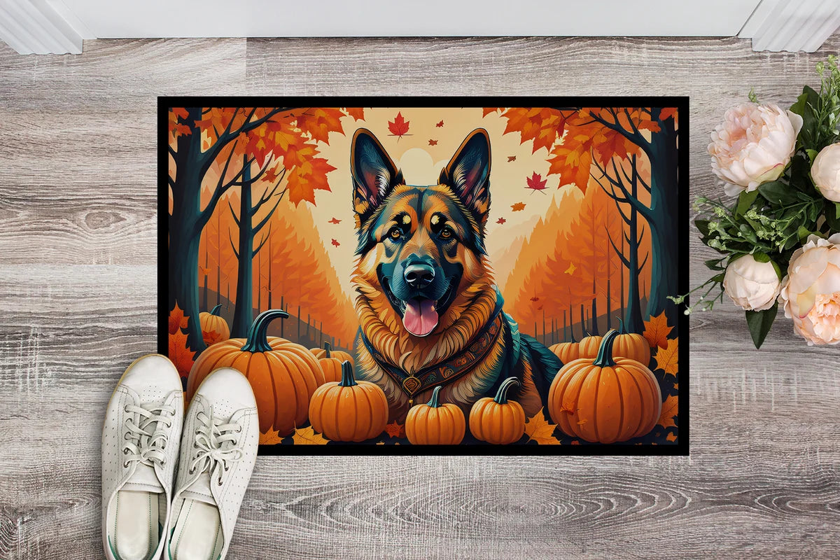 Decorative mat with a German Shepherd and pumpkins on an autumn background, placed on a wooden floor.