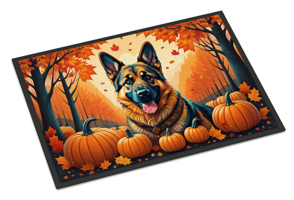 Decorative mat with a dog and pumpkins in an autumn-themed design