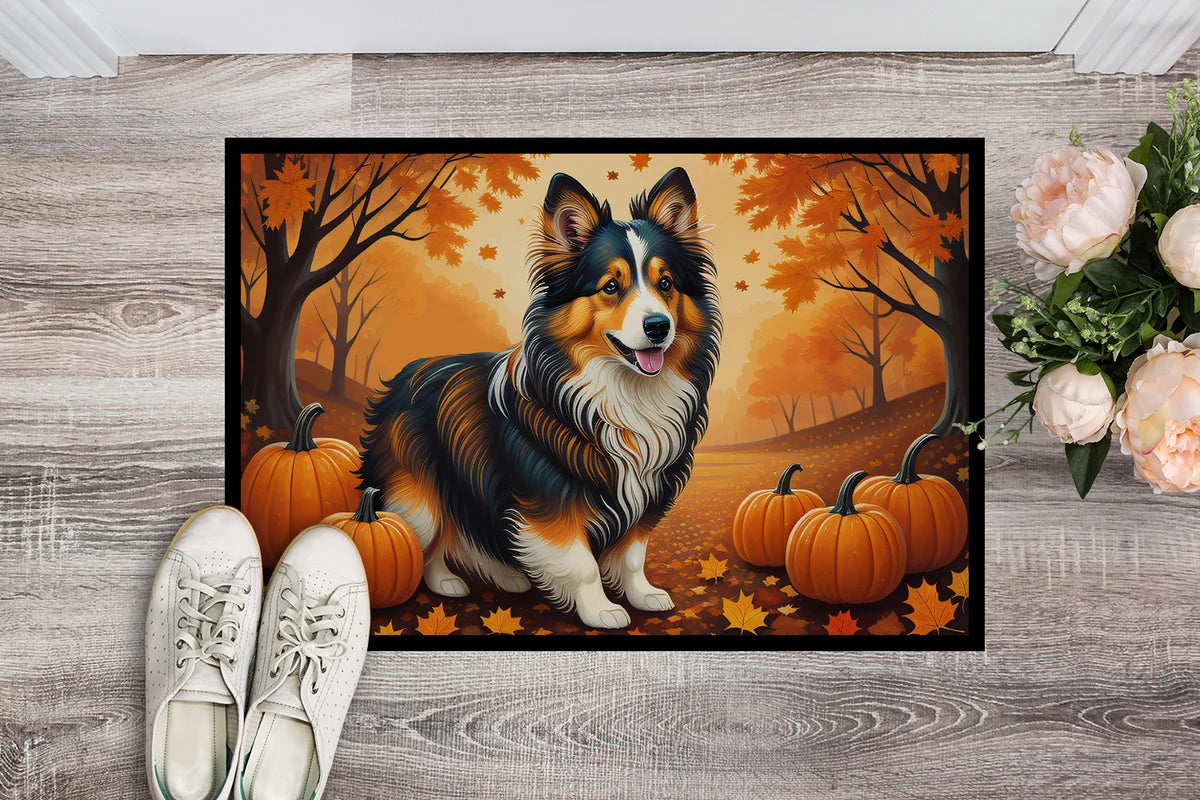 Doormat with a dog and autumn scene on a wooden floor with shoes and flowers.