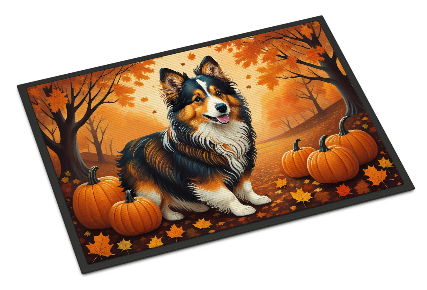Doormat with a dog and pumpkins design on an autumn-themed background