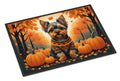 Dog in a sweater with pumpkins and autumn leaves on a decorative mat