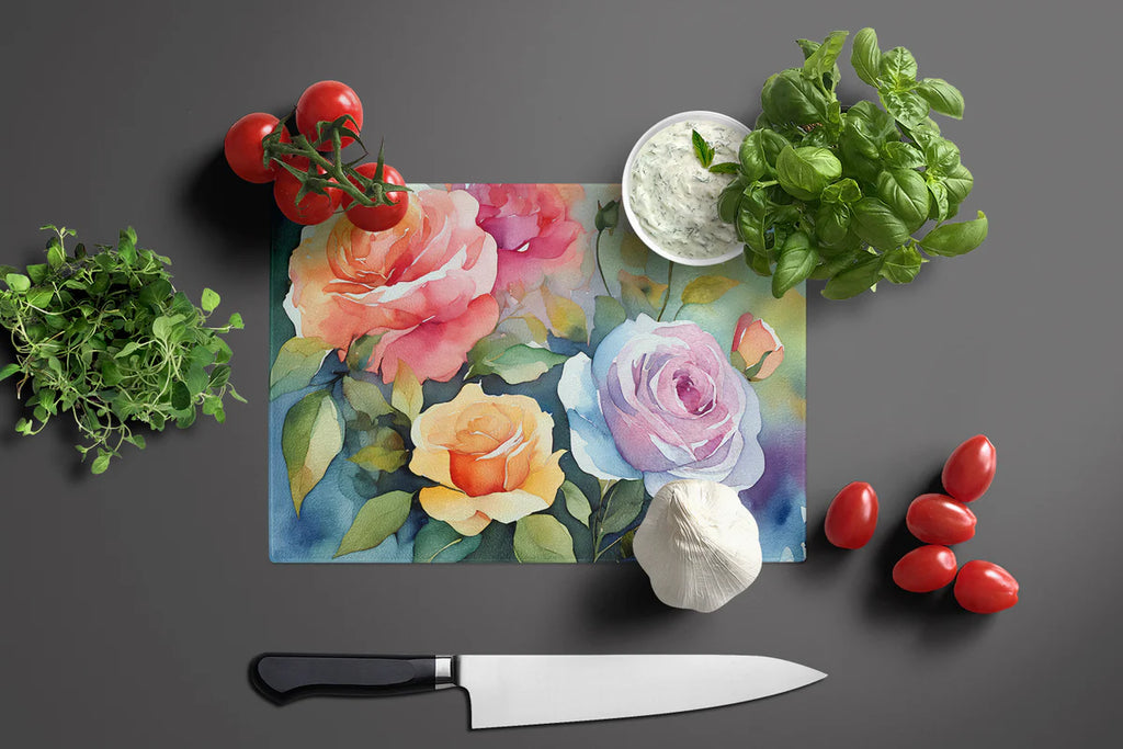 Roses in Watercolor Glass Cutting Board By Caroline's Treasures, Lg DAC1608LCB