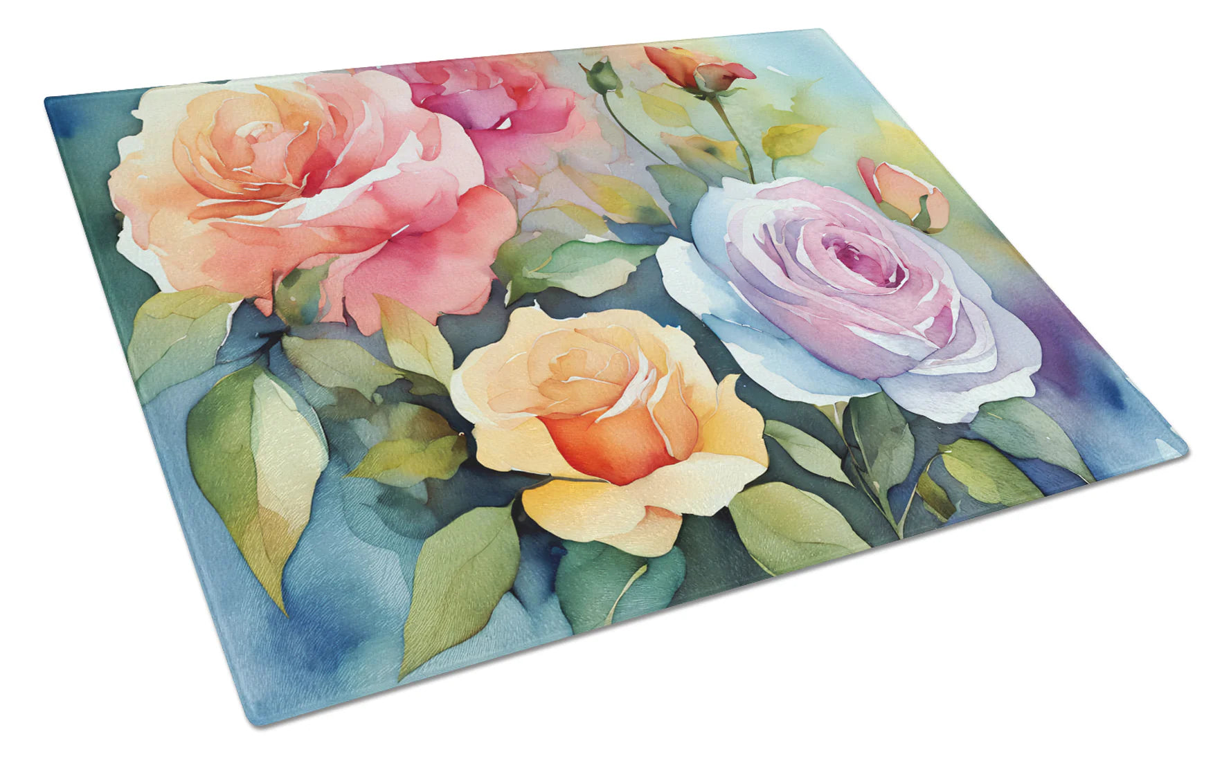 Roses in Watercolor Glass Cutting Board By Caroline's Treasures, Lg DAC1608LCB