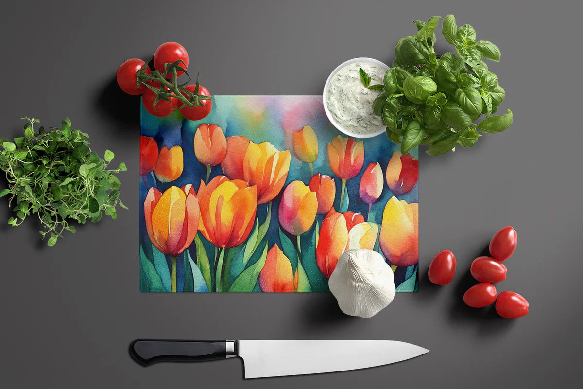 Caroline's Treasures DAC1620LCB Tulips in Watercolor Glass Cutting Board Large