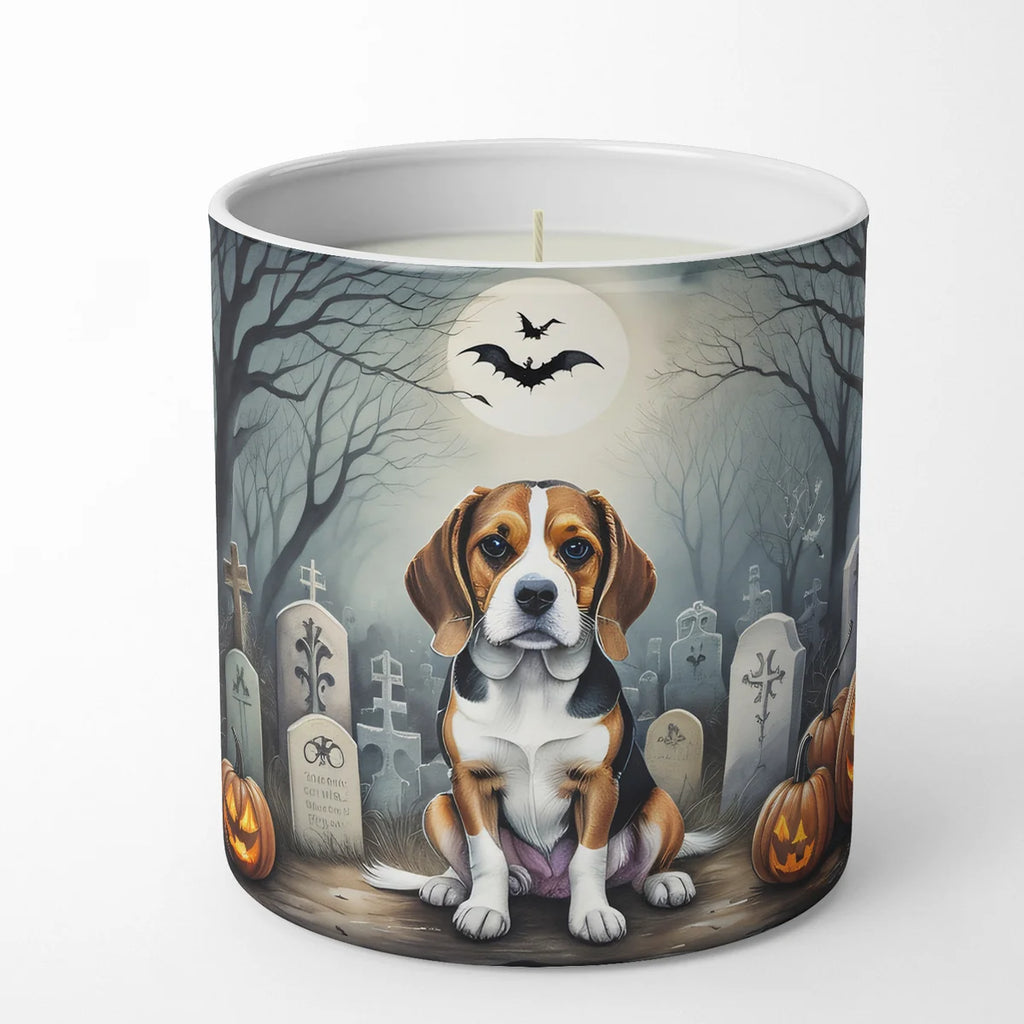 Candle with a Halloween-themed design featuring a dog, pumpkins, and bats on a white background.