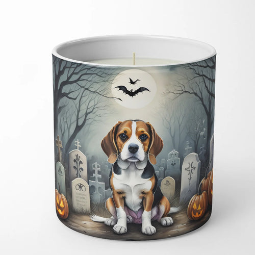 Candle with a Halloween-themed design featuring a dog, pumpkins, and bats on a white background.