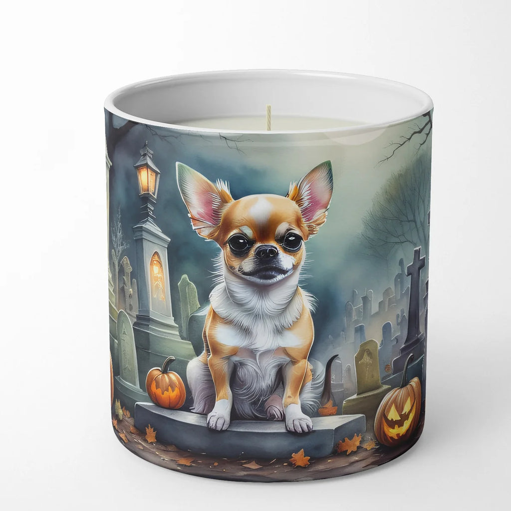 Candle with a dog and Halloween-themed design on a white background