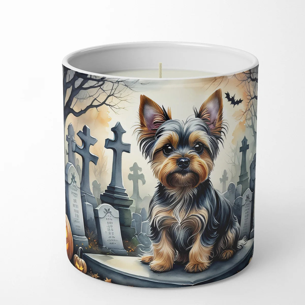 Candle with a dog design on a Halloween-themed label