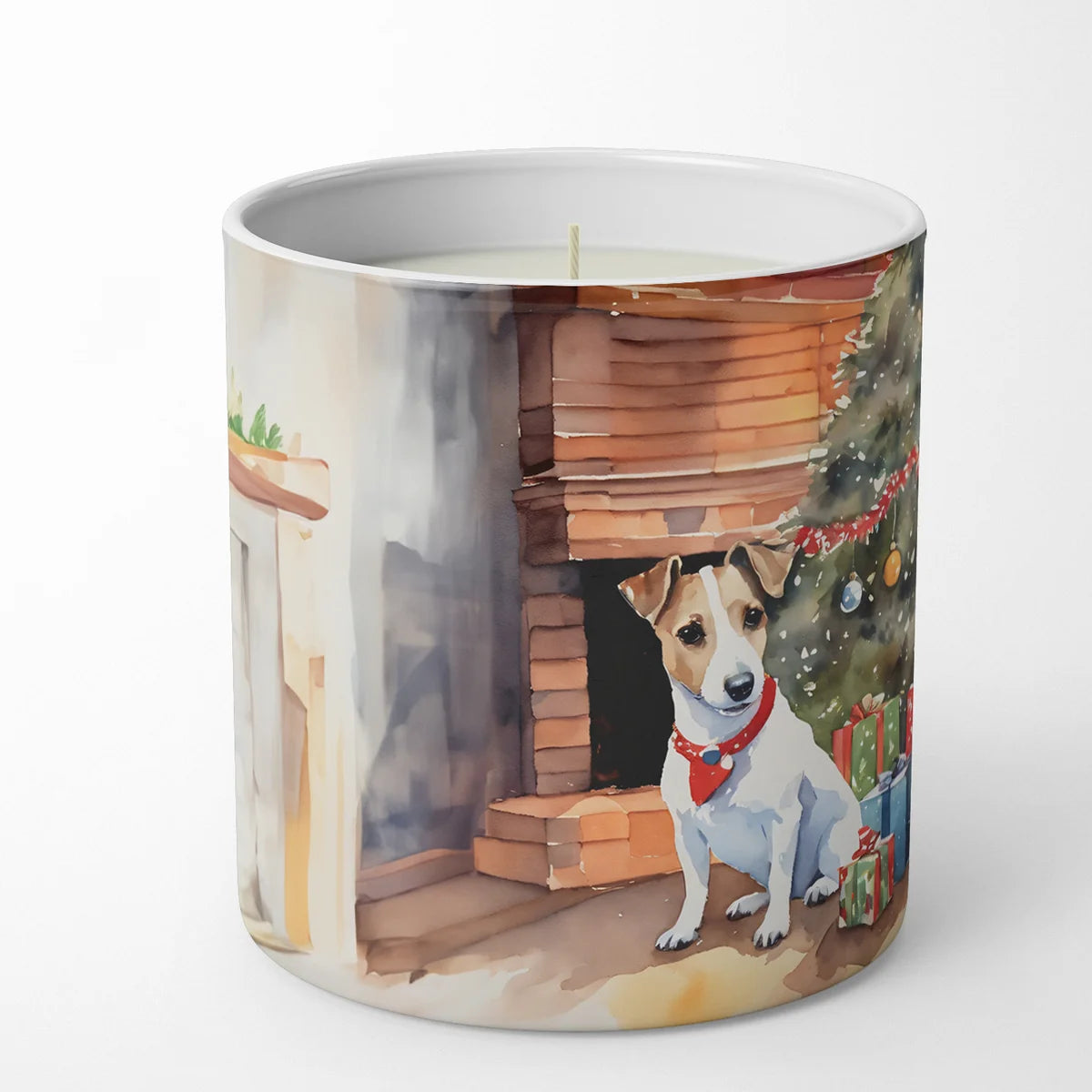 Candle with a dog and Christmas scene design on a white background