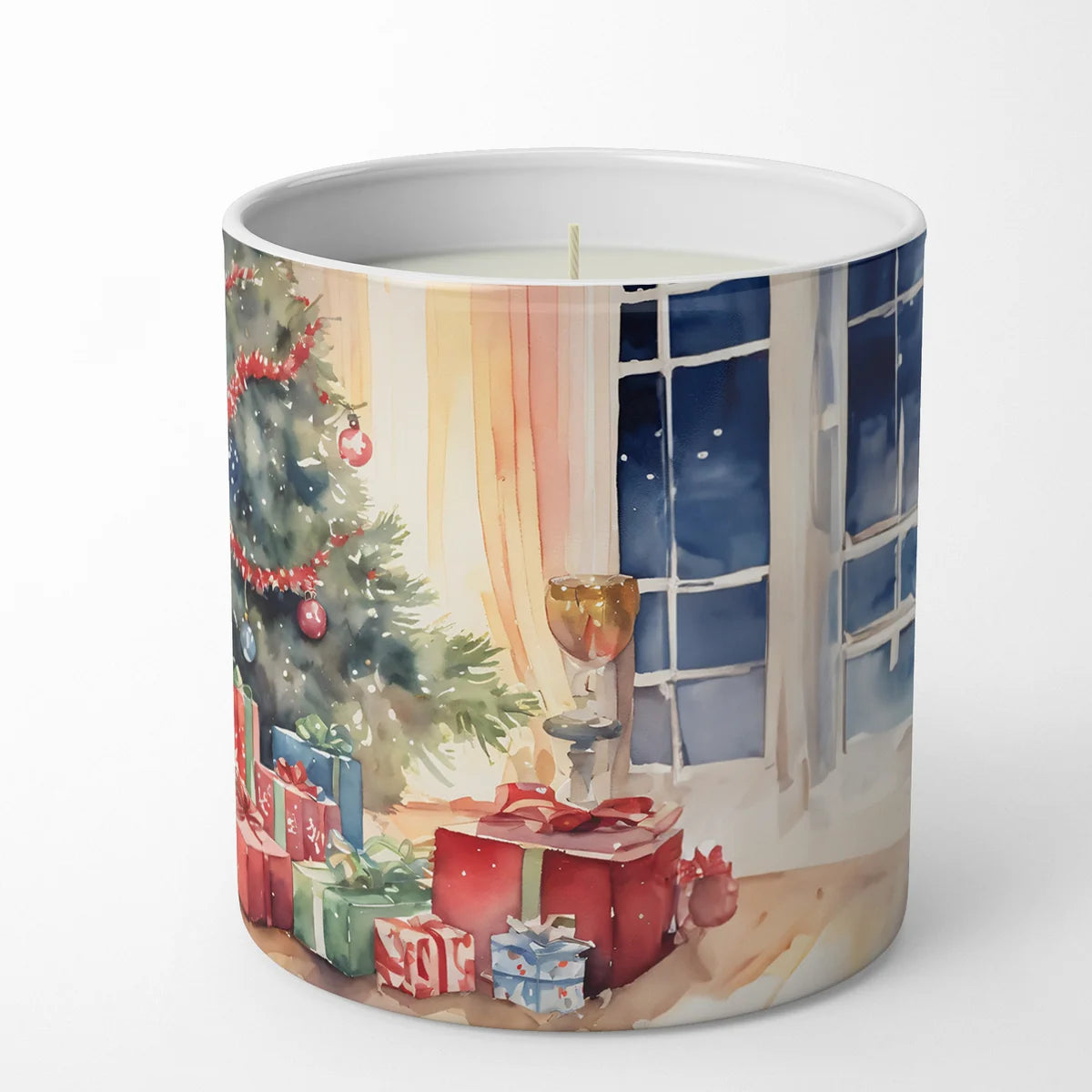Candle with a Christmas-themed design on a white background
