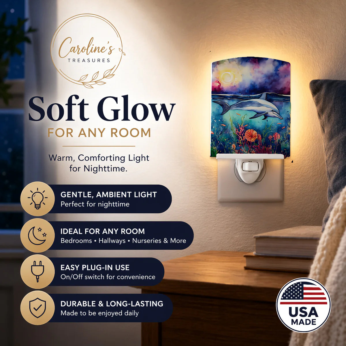 Dolphin Ceramic Night Light Compact, UL-Certified