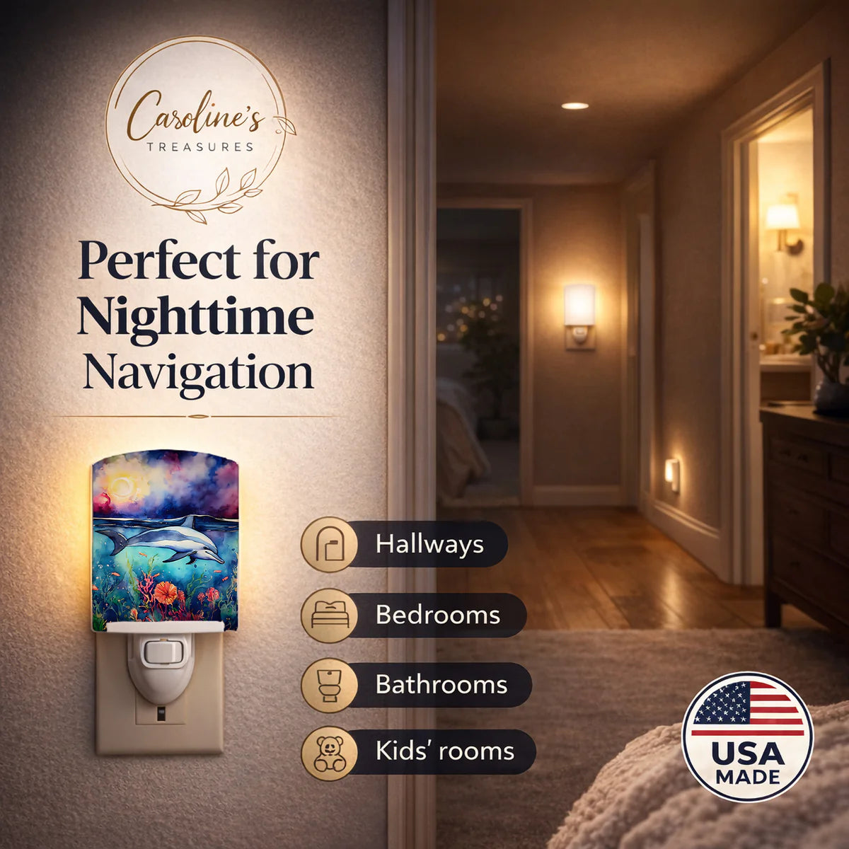 Dolphin Ceramic Night Light Compact, UL-Certified