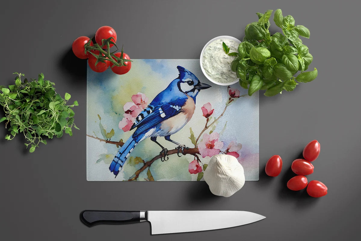 Blue Jay Tempered Glass Cutting Board From Caroline's Treasures, 12" x 15", DAC3186LCB