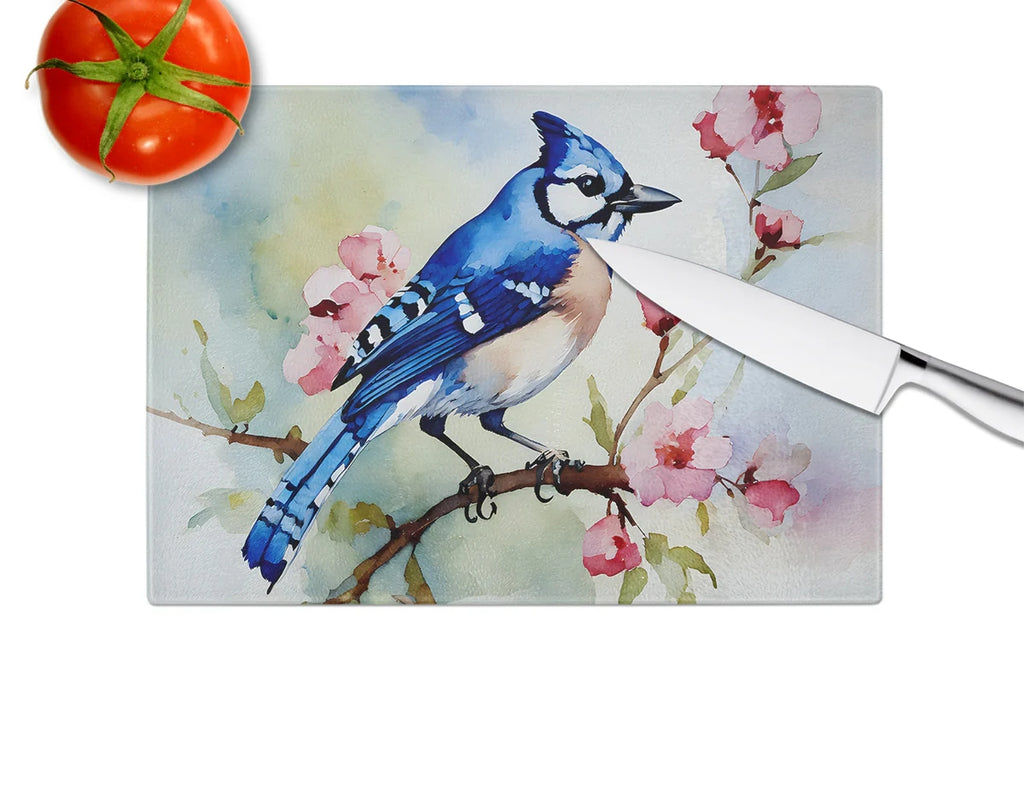 Blue Jay Tempered Glass Cutting Board From Caroline's Treasures, 12" x 15", DAC3186LCB
