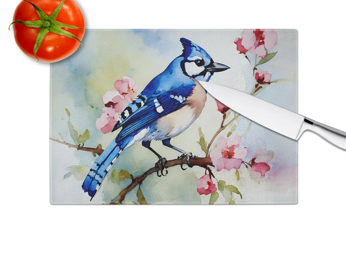 Blue Jay Tempered Glass Cutting Board From Caroline's Treasures, 12" x 15", DAC3186LCB