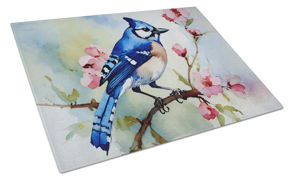 Blue Jay Tempered Glass Cutting Board From Caroline's Treasures, 12" x 15", DAC3186LCB