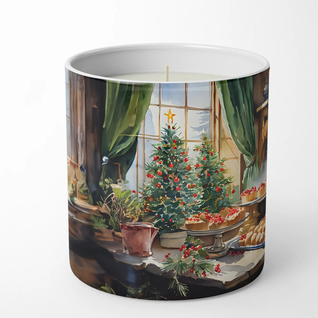 Candle with a Christmas-themed design featuring a decorated tree and festive table setting.
