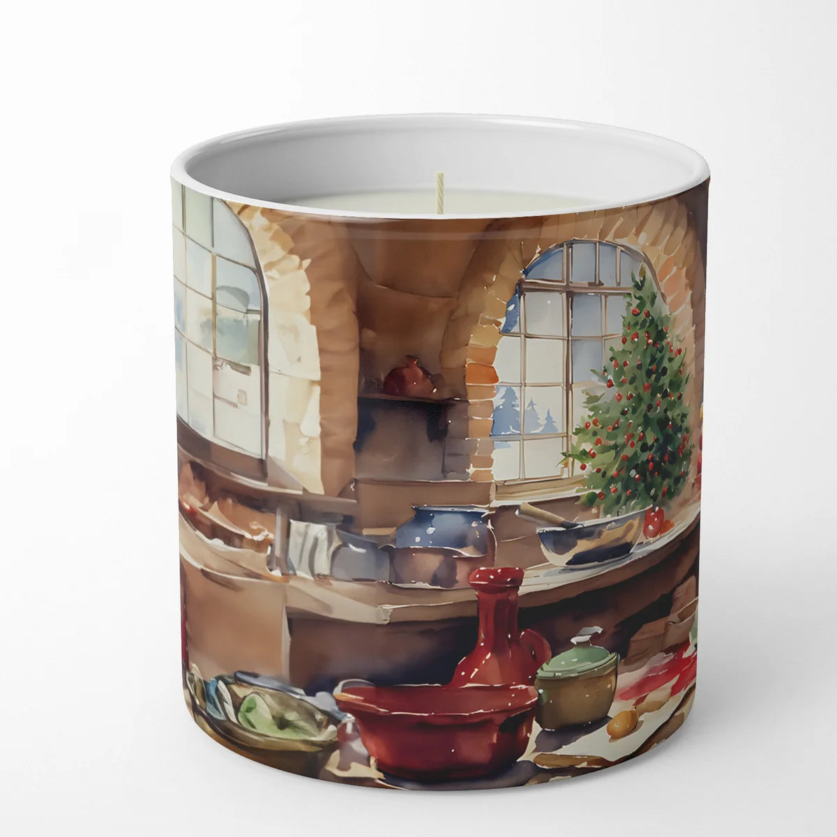 Candle with a decorative design of a kitchen scene on a white background