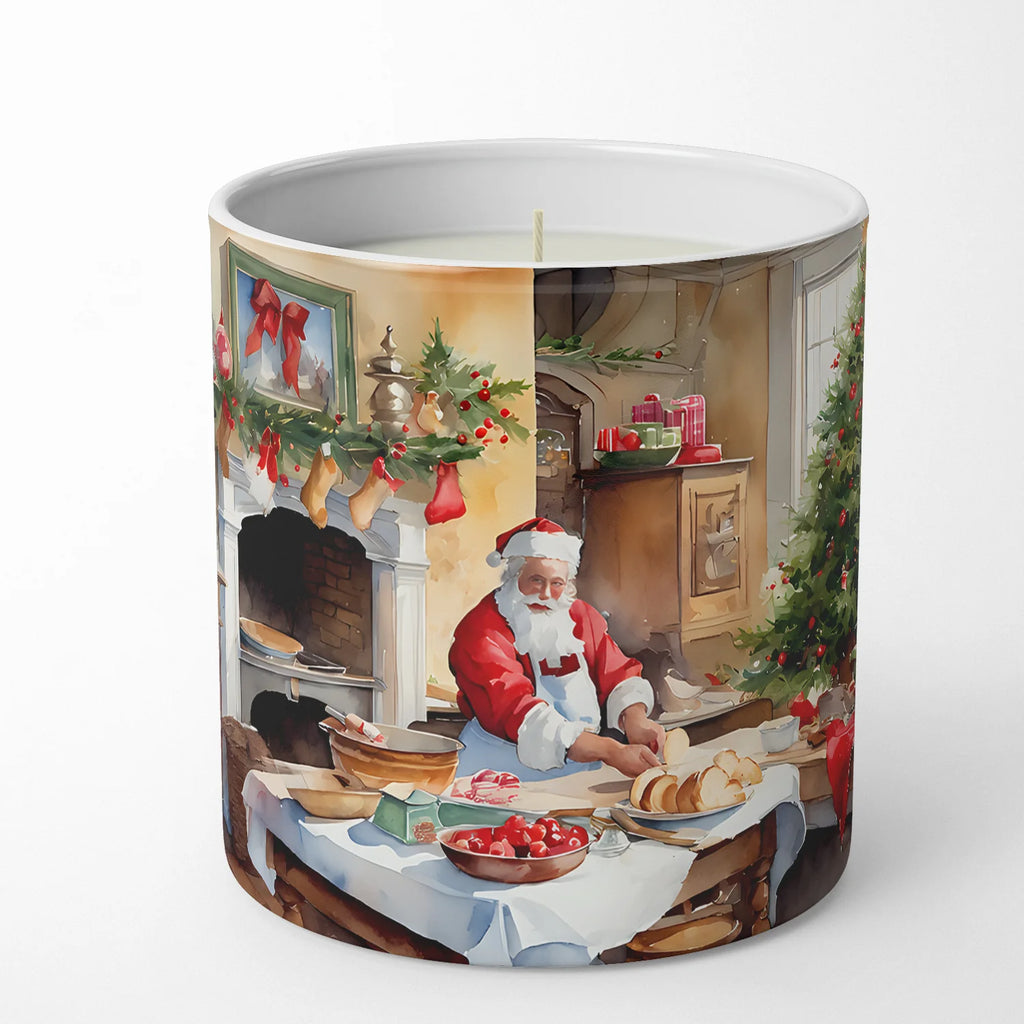 A cylindrical candle with a printed holiday illustration of Santa Claus in a cozy living room, set against a clean white background.