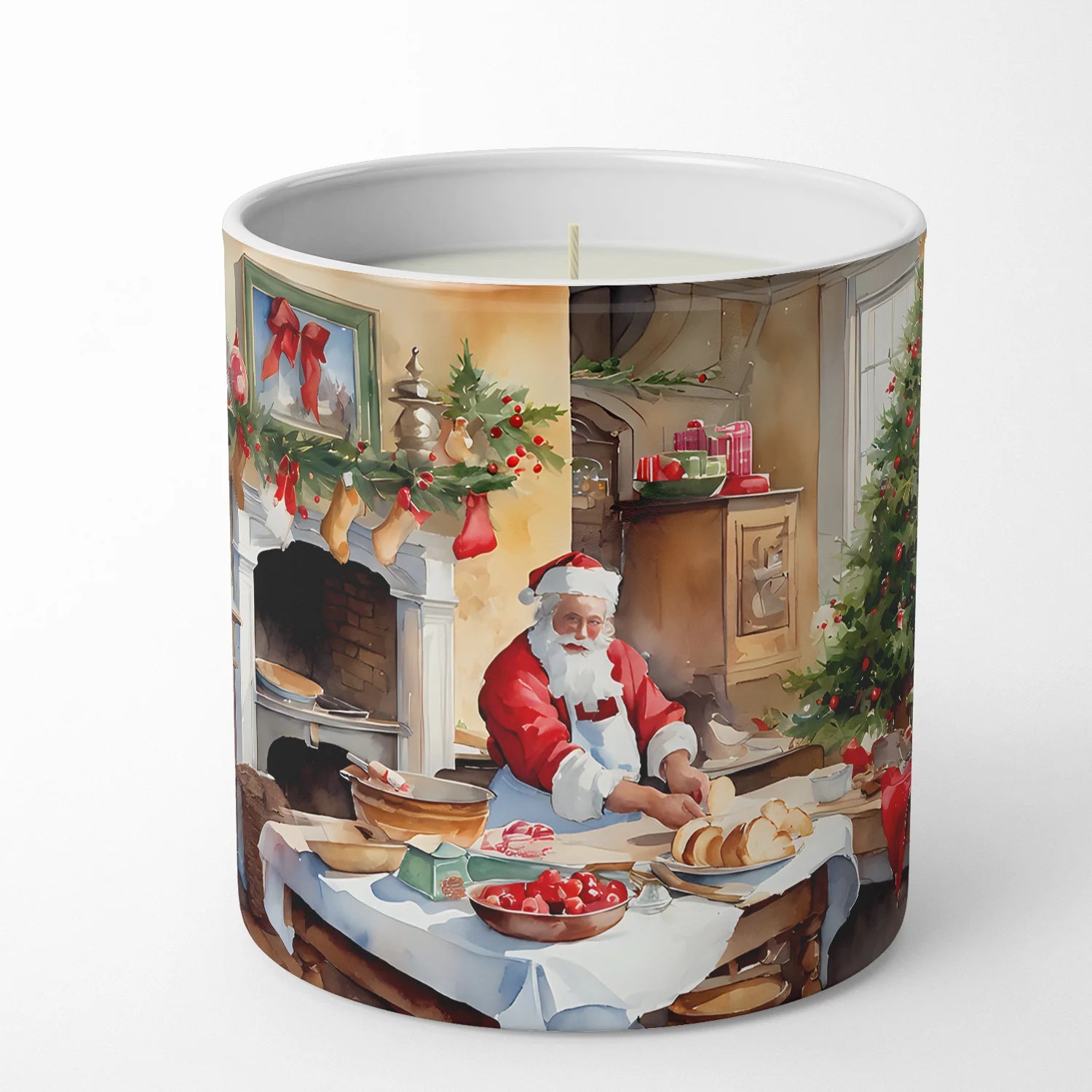 A cylindrical candle with a printed holiday illustration of Santa Claus in a cozy living room, set against a clean white background.