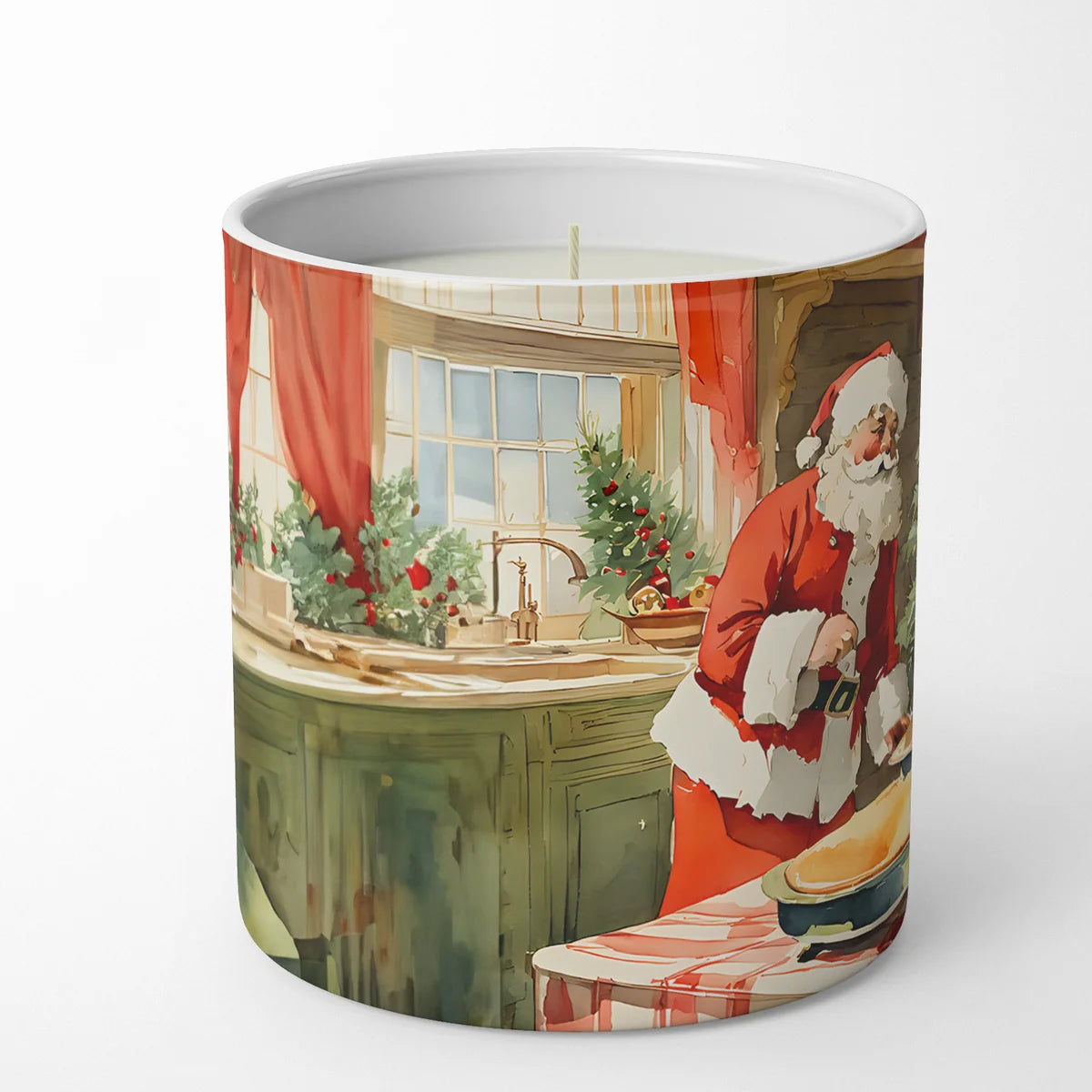 Candle with a vintage-style Christmas design featuring Santa Claus in a kitchen.