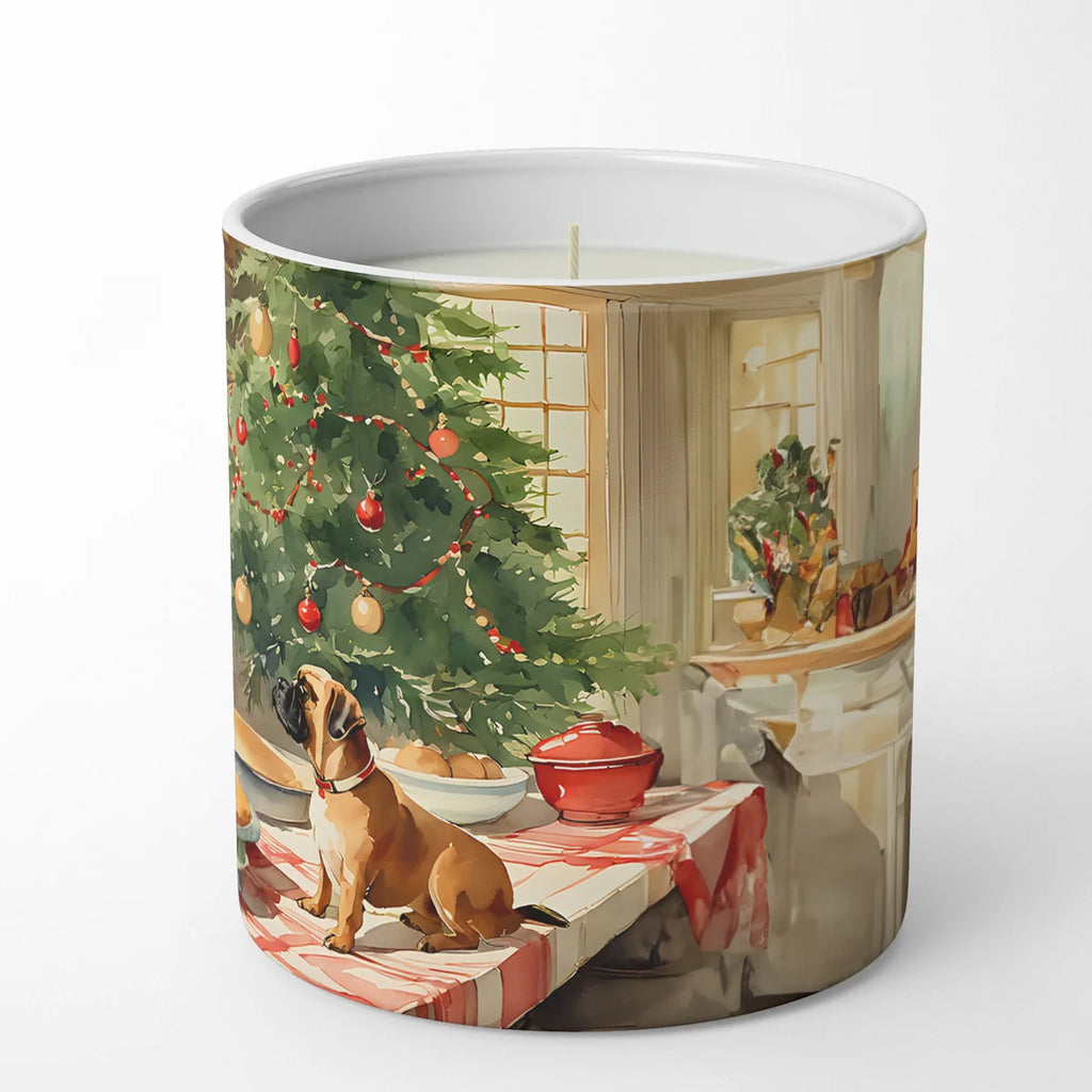 Candle with a Christmas-themed design featuring a dog and decorated tree.