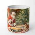 Candle with a Christmas-themed design featuring Santa Claus and a dog by a tree.