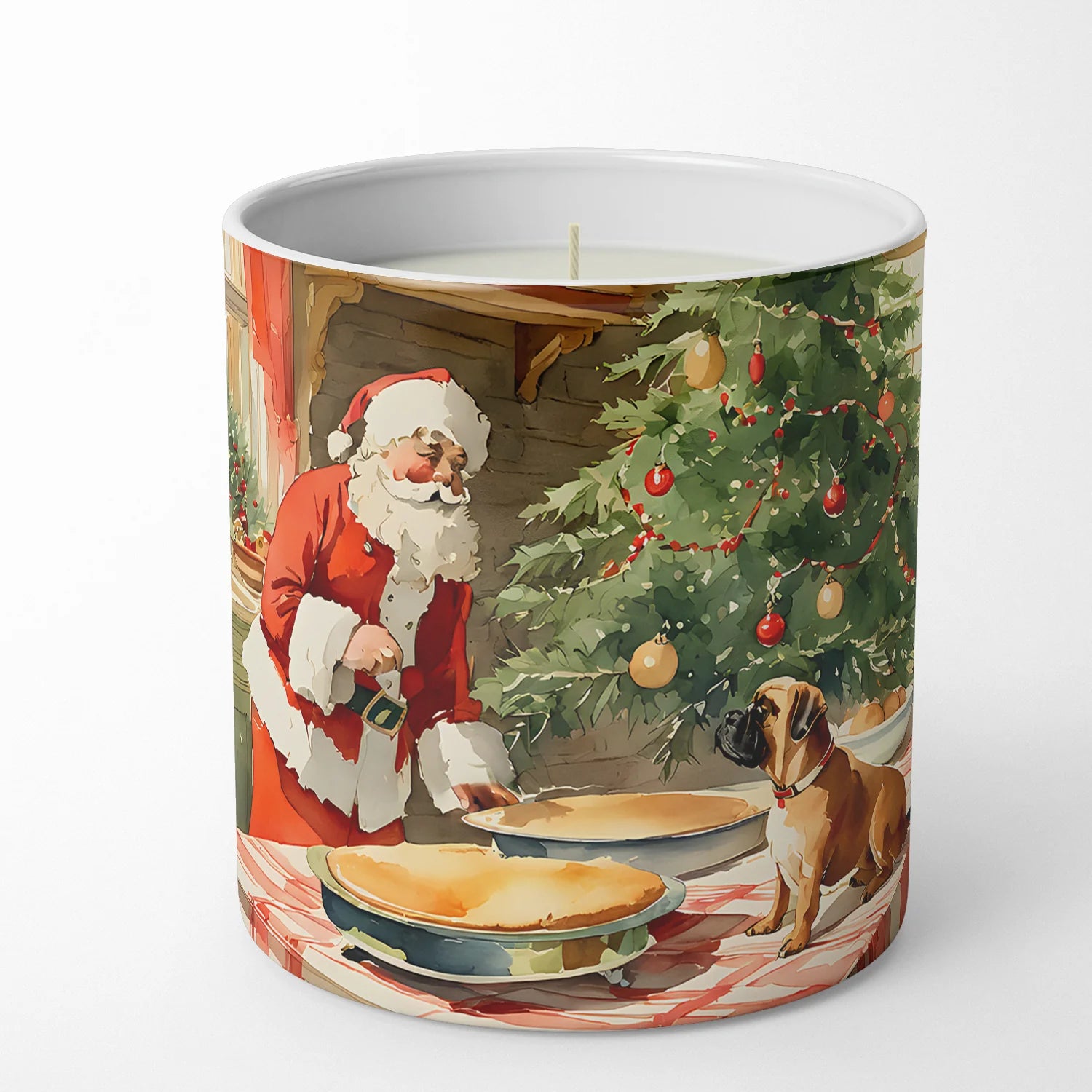 Candle with a Christmas-themed design featuring Santa Claus and a dog by a tree.