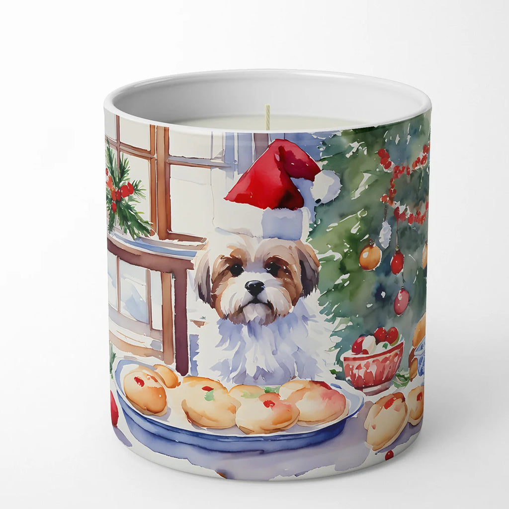 Candle with a dog and Christmas-themed design on a white background