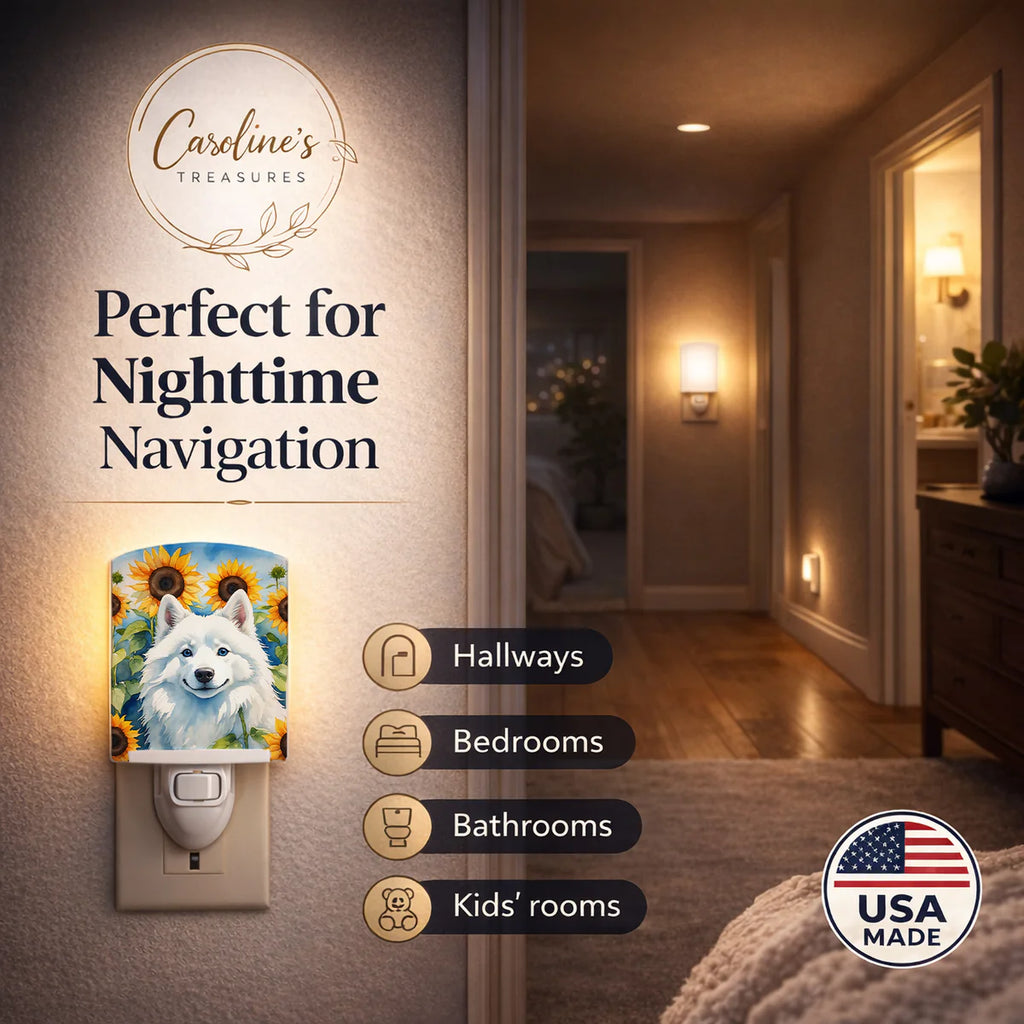 American Eskimo in Sunflowers Ceramic Night Light Compact, UL-Certified