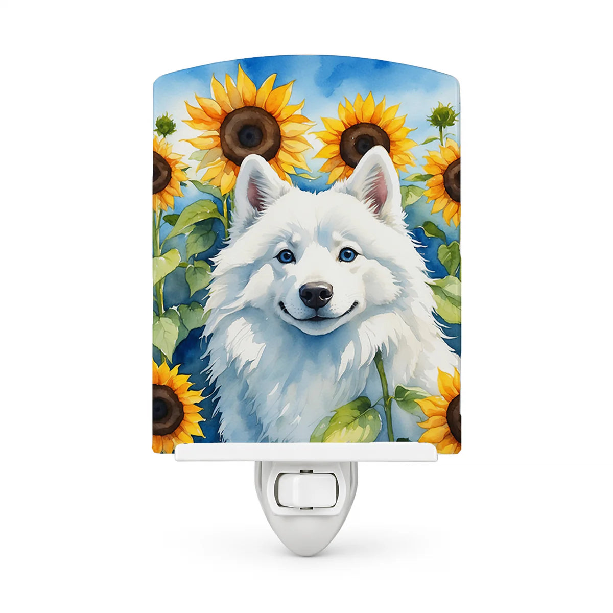 American Eskimo in Sunflowers Ceramic Night Light Compact, UL-Certified