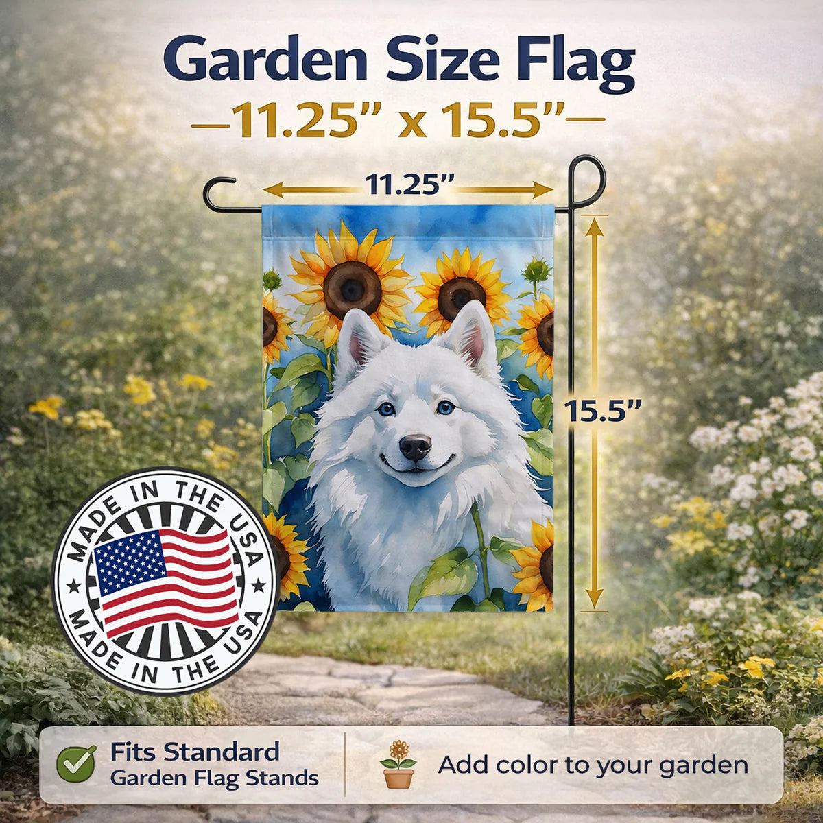 American Eskimo in Sunflowers Garden Flag