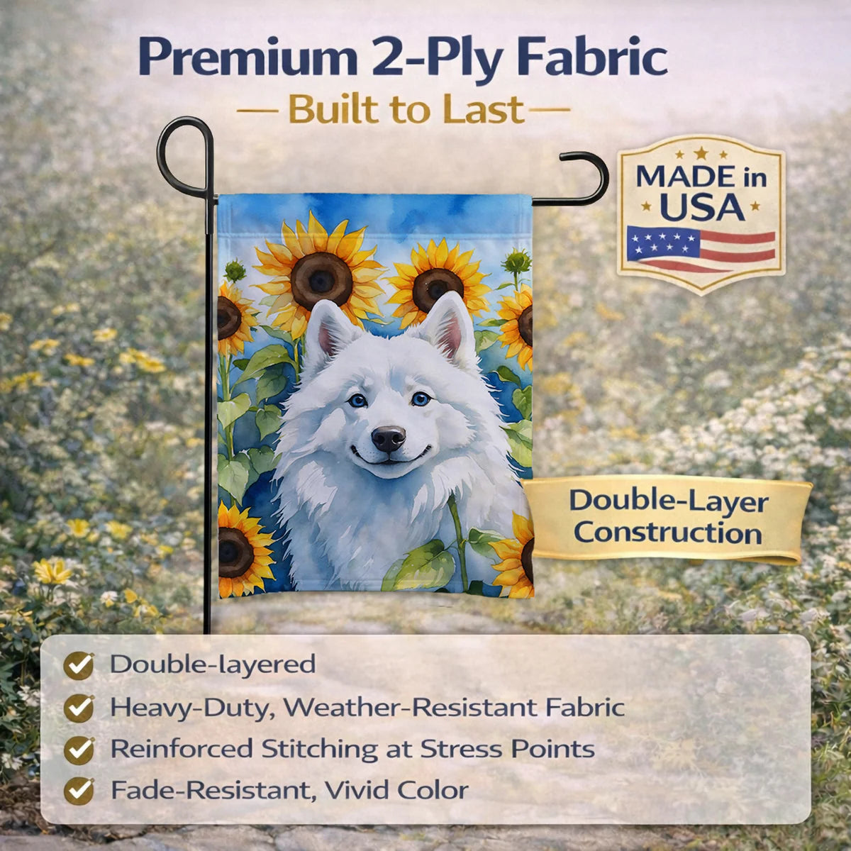 American Eskimo in Sunflowers Garden Flag