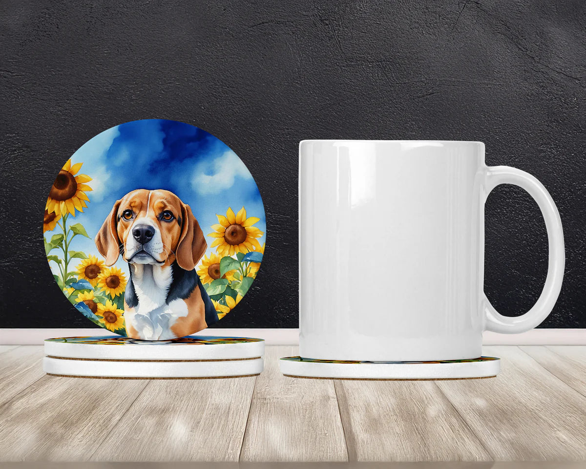Beagle in Sunflowers Large Sandstone Coasters Pack of 4