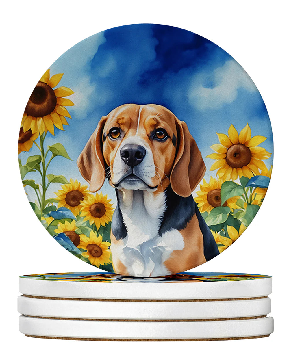 Beagle in Sunflowers Large Sandstone Coasters Pack of 4