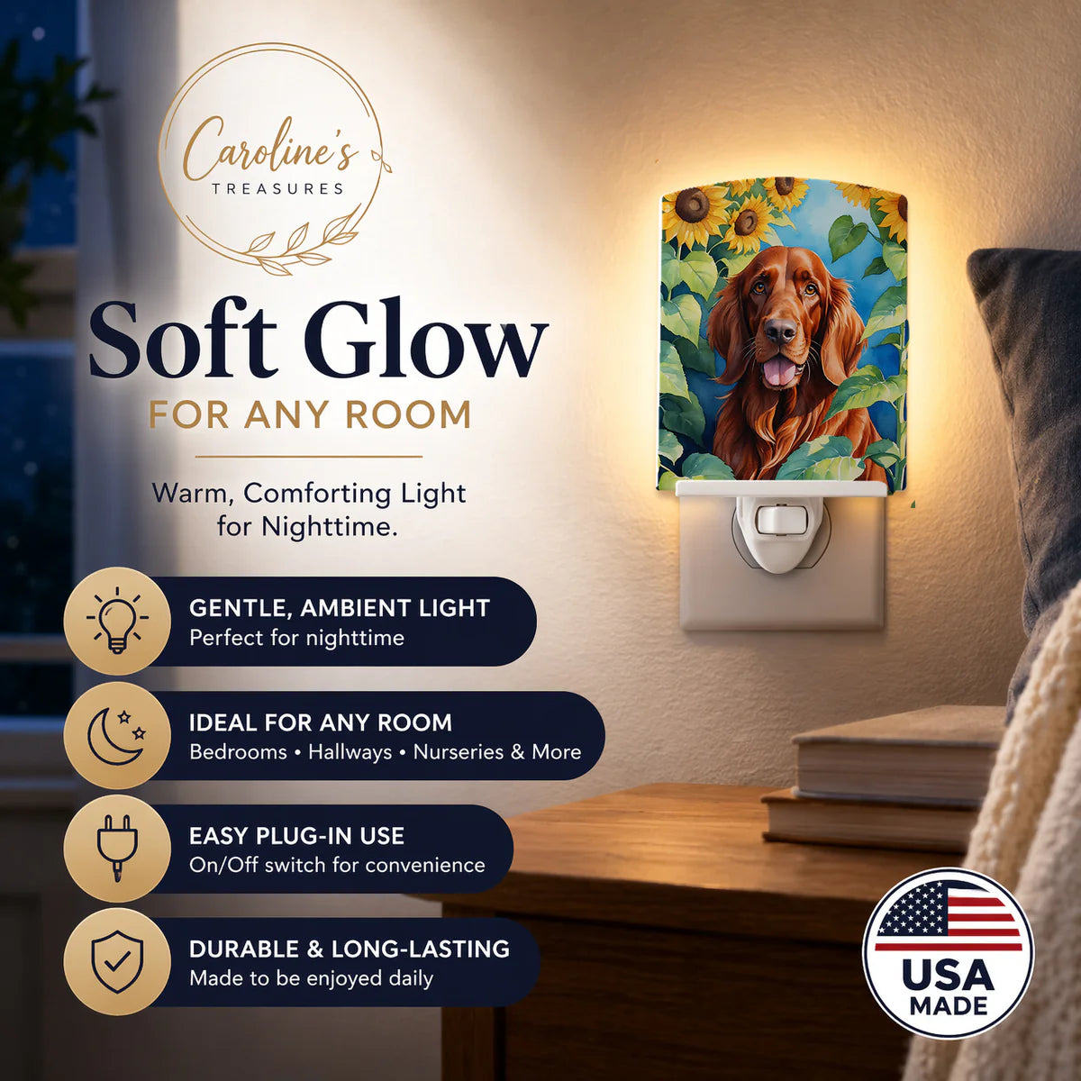 Irish Setter in Sunflowers Ceramic Night Light Compact, UL-Certified